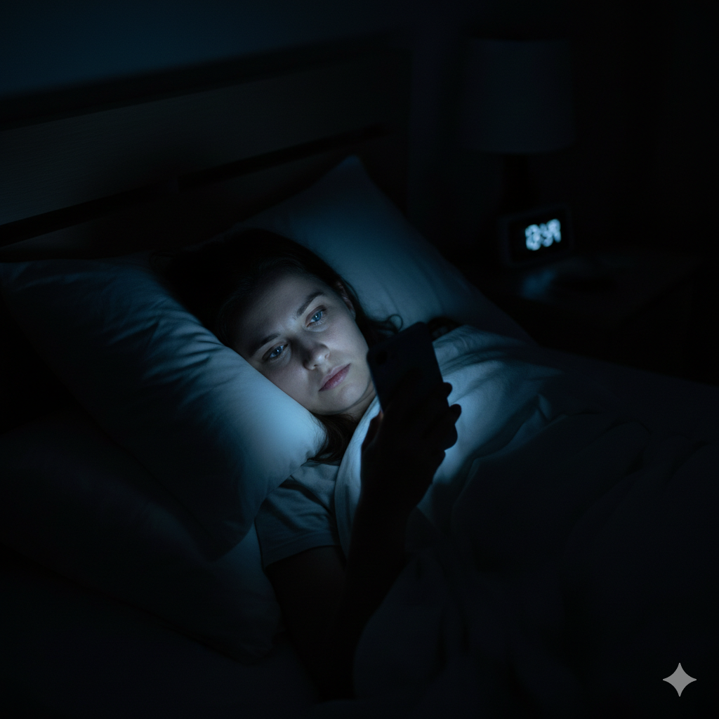Phone glowing in dark bedroom at night