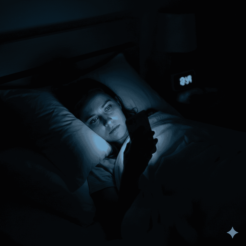 Phone glowing in dark bedroom at night