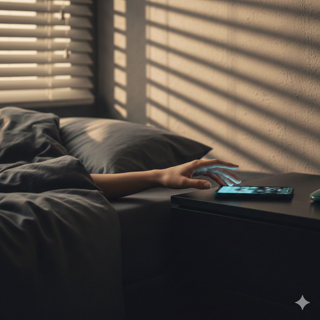 Person in bed reaching for phone with morning light