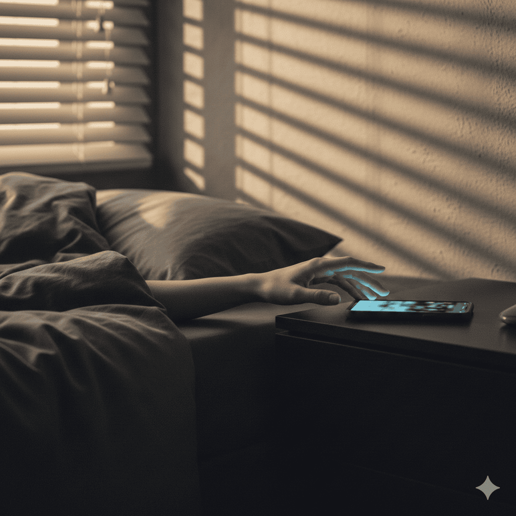 Person in bed reaching for phone with morning light