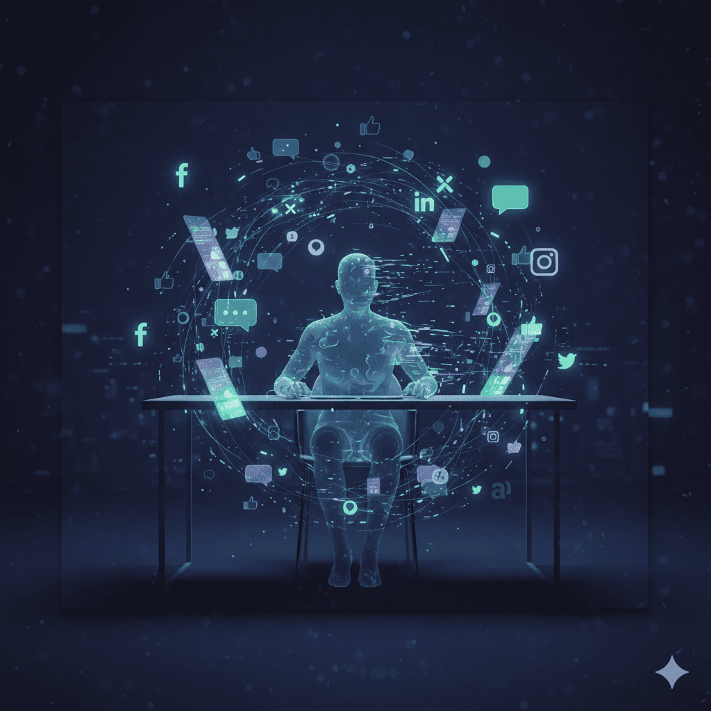 Person looking at multiple screens with a distracted expression